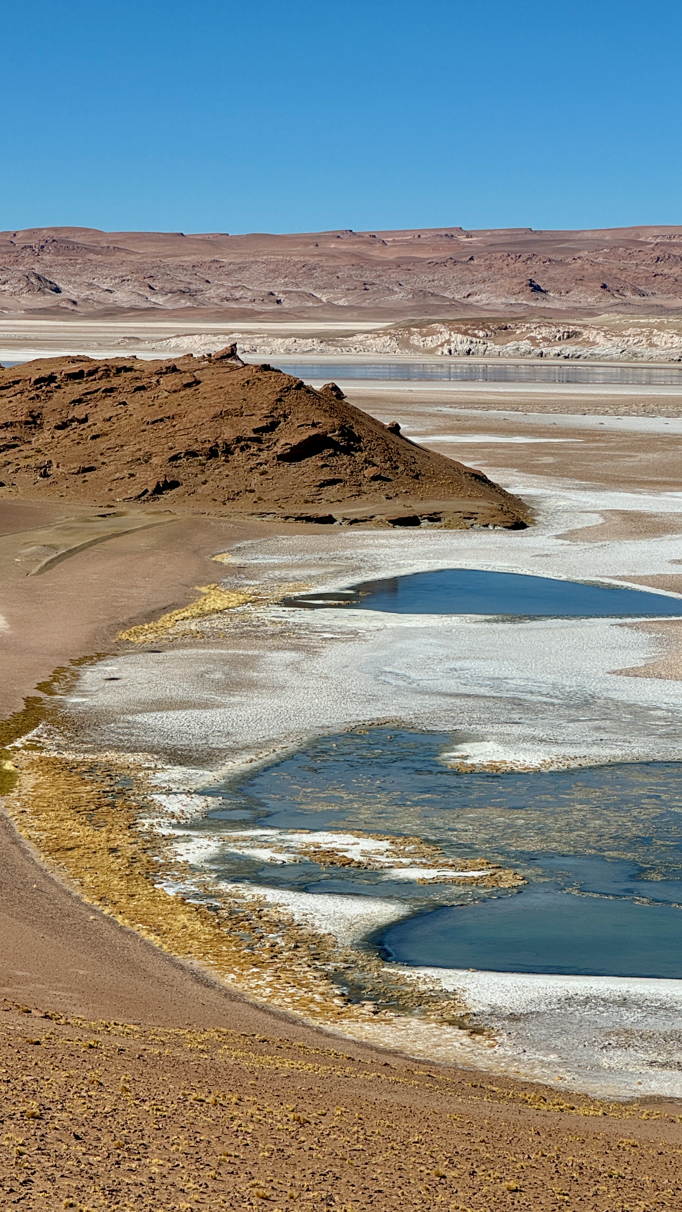 Shallow blue salt pools and mineral crusts stretching across the high Atacama Desert