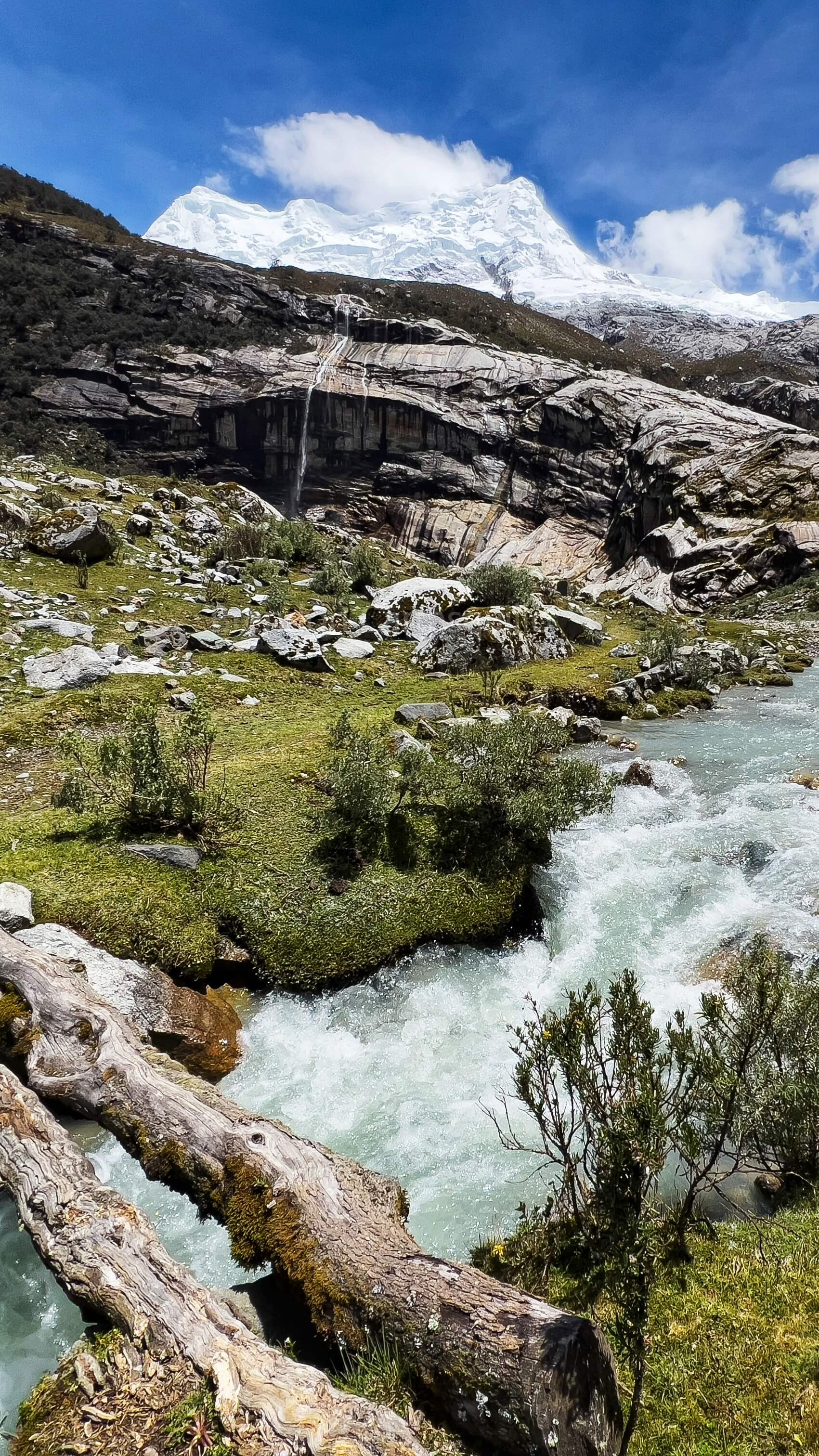 Mountain stream flowing through alpine landscape with snow-capped peaks above